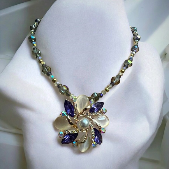 Handmade Jewelry - *New* Handmade 18” Aurora Borealis Glass Bead Necklace with Large Flower Charm